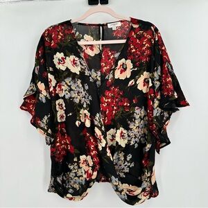 Umgee Black Sheer Floral Wrap Blouse with Red & Cream Accents Size Small